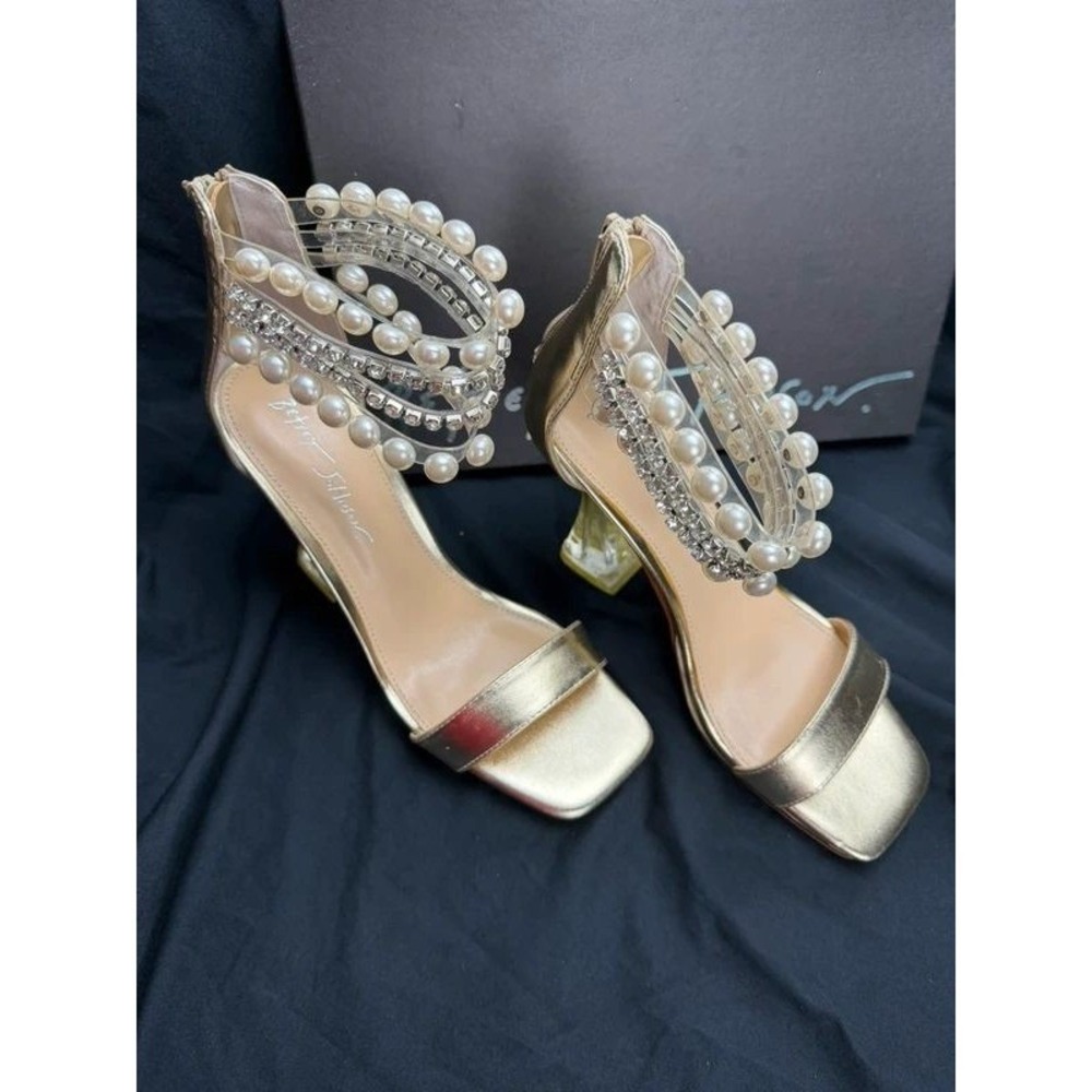 Betsey Johnson Gold Pearl Rhinestone Clear Flared Heel Evening Sandals